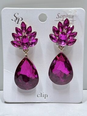 🚨3 for $15🚨 Sophia Collection - Fuchsia Crystal Teardrop Clip-On Earrings